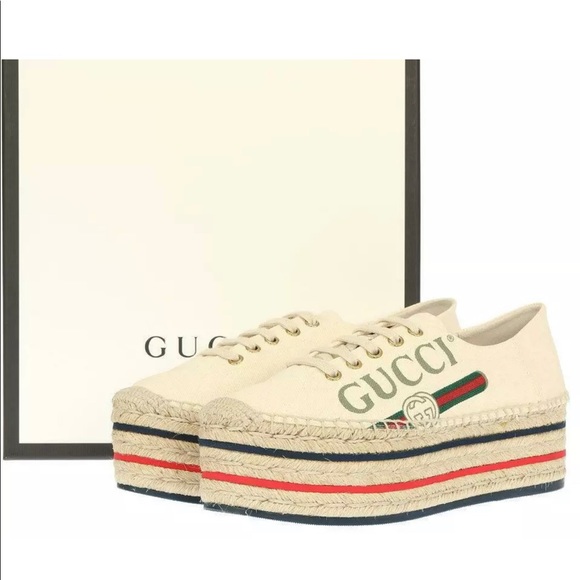 GUCCI CANVAS LOGO WEDGE ESPADRILLE PLATFORM SHOES - Picture 2 of 8